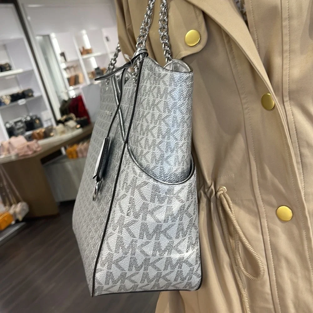 Michael Kors Jet Set Travel Large Chained Tote Shoulder Bag MK Silver